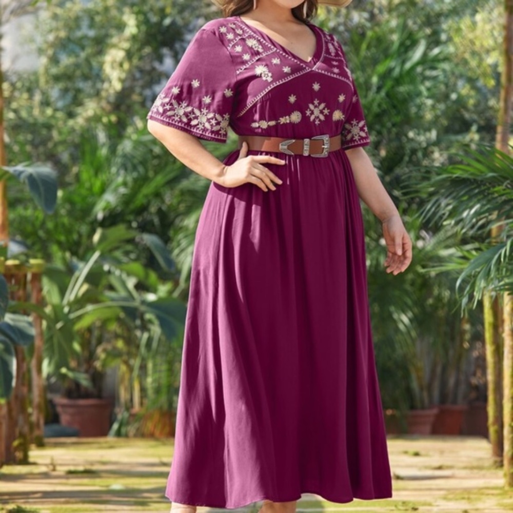 PLUS Boho Green V neck Floral Embroidered A-line Dress - Picture 12 of 13